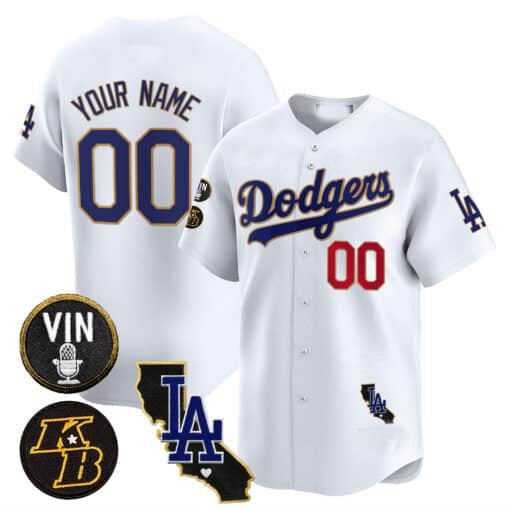 Dodgers Vin Patch & Kobe Bryant Gold Trim Vapor Premier Limited Custom Jersey V2 – White Baseball Jersey