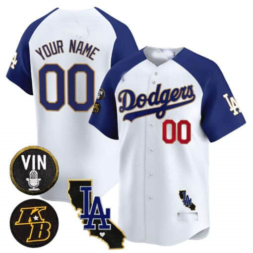 Dodgers Vin Patch & Kobe Bryant Gold Trim Vapor Premier Limited Custom Jersey V2 – White Baseball Jersey
