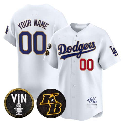 Dodgers Vin Patch & Kobe Bryant Signature Vapor Premier Limited Custom Jersey – White Gold Baseball Jersey