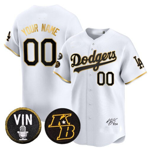 Dodgers Vin Patch & Kobe Bryant Signature Vapor Premier Limited Custom Jersey – White Gold Baseball Jersey