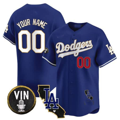 Dodgers Vin & California Patch Gold Trim Vapor Premier Limited Custom Jersey – Royal Baseball Jersey