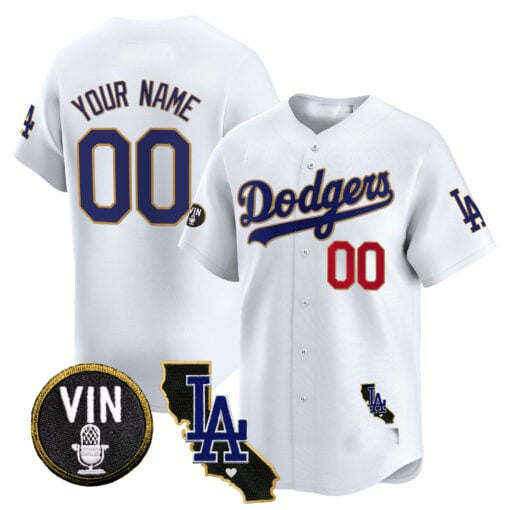 Dodgers Vin & California Patch Gold Trim Vapor Premier Limited Custom Jersey – White Gold Baseball Jersey