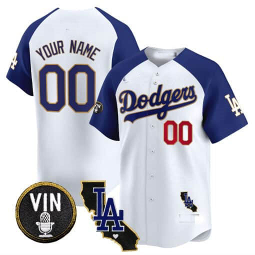 Dodgers Vin & California Patch Gold Trim Vapor Premier Limited Custom Jersey – White Baseball Jersey
