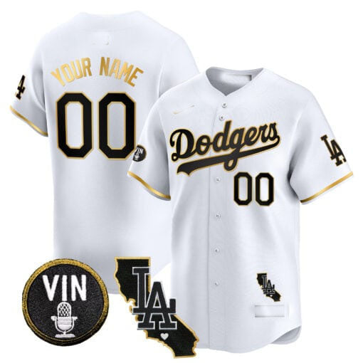 Dodgers Vin & California Patch Gold Trim Vapor Premier Limited Custom Jersey – White Gold Baseball Jersey