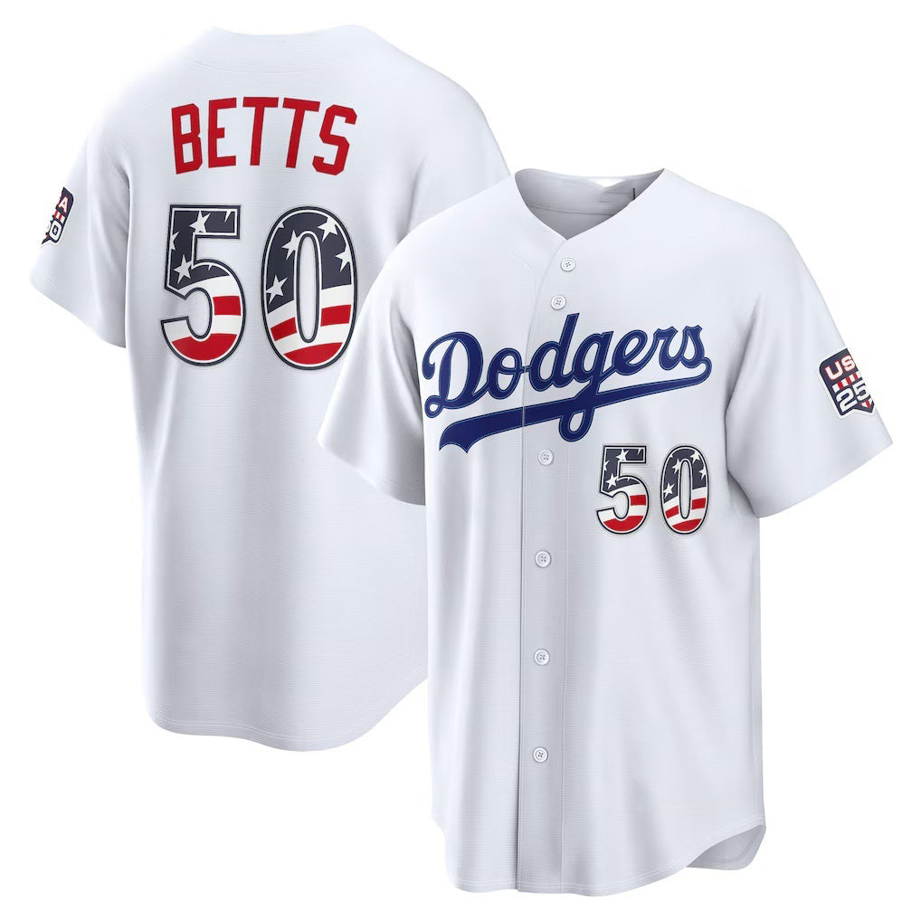 Los Angeles Dodgers #50 Mookie Betts Fourth of July White USA 250 Stadium Baseball Jersey