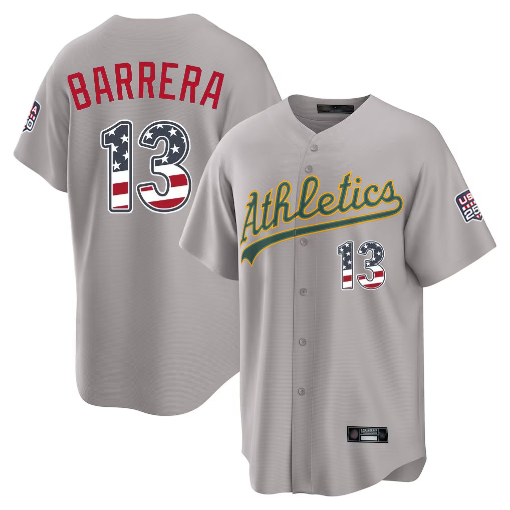 Oakland Athletics #13 Luis Barrera Player Gray USA 250 Fourth of July Home Game Stitched Baseball Jersey