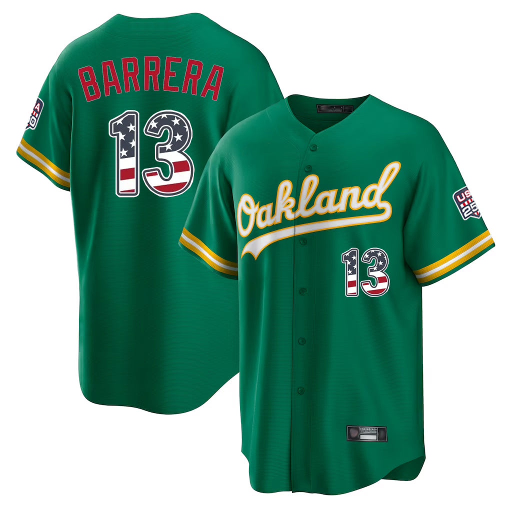 Oakland Athletics #13 Luis Barrera Player Kelly Green USA 250 Fourth of July Home Game Stitched Baseball Jersey