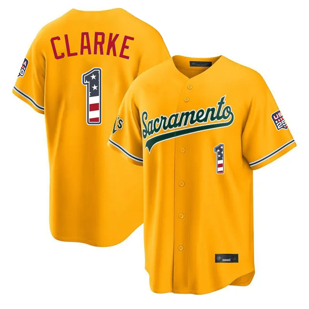 Oakland Athletics #1 Denzel Clarke Player Gold USA 250 Fourth of July Home Game Stitched Baseball Jersey