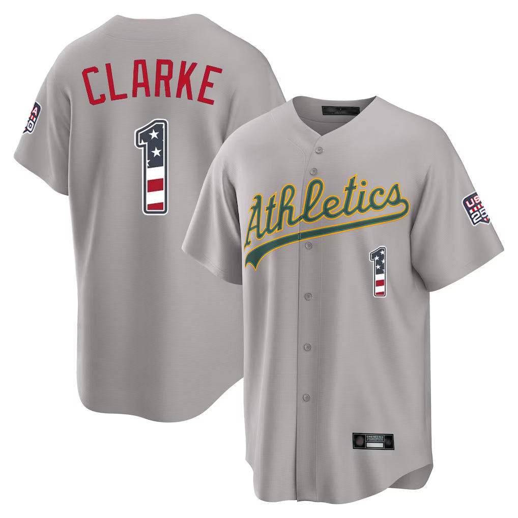 Oakland Athletics #1 Denzel Clarke Player Gray USA 250 Fourth of July Home Game Stitched Baseball Jersey