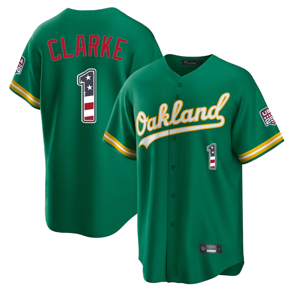 Oakland Athletics #1 Denzel Clarke Player Kelly Green USA 250 Fourth of July Home Game Stitched Baseball Jersey