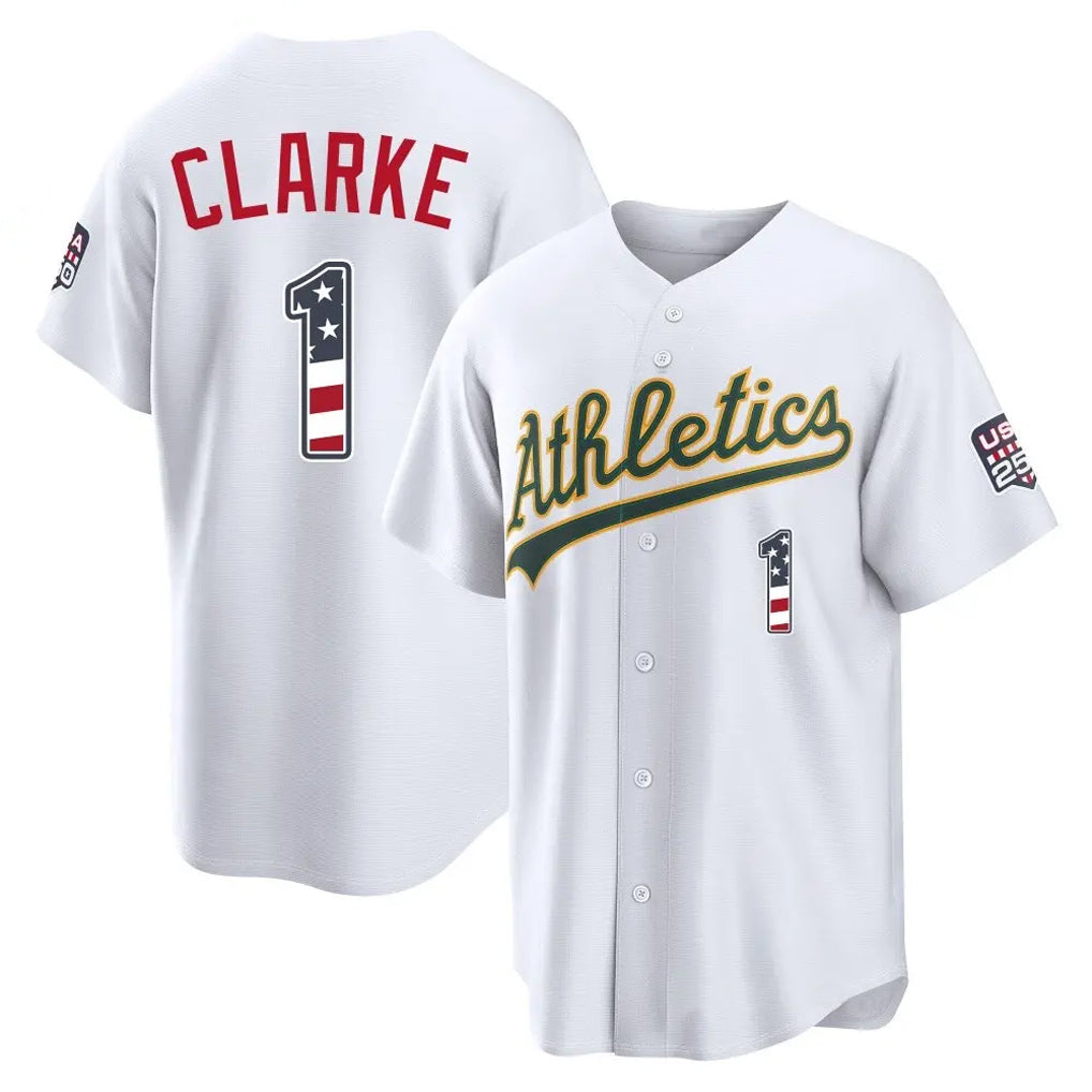 Oakland Athletics #1 Denzel Clarke Player White USA 250 Fourth of July Home Game Stitched Baseball Jersey