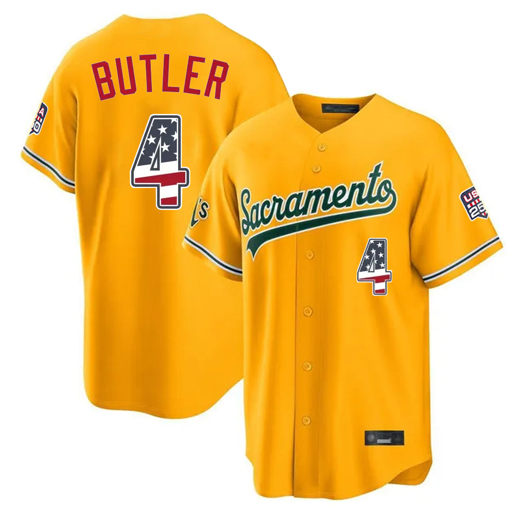 Oakland Athletics #4 Lawrence Butler Player Gold USA 250 Fourth of July Home Game Stitched Baseball Jersey