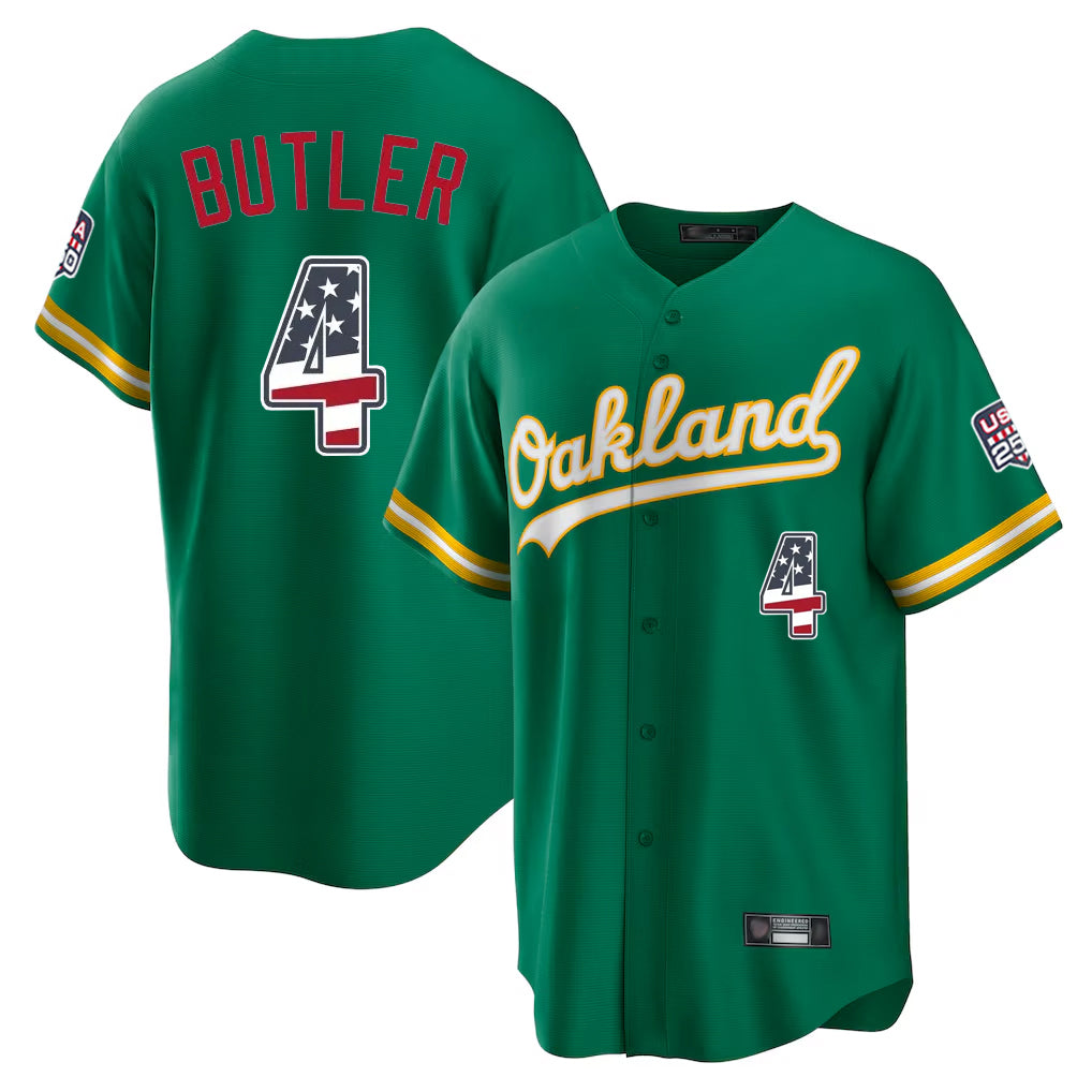 Oakland Athletics #4 Lawrence Butler Player Kelly Green USA 250 Fourth of July Home Game Stitched Baseball Jersey