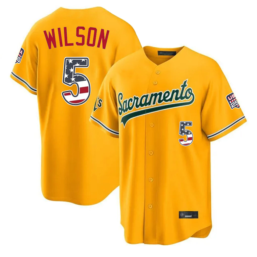 Oakland Athletics #5 Jacob Wilson Player Gold USA 250 Fourth of July Home Game Stitched Baseball Jersey