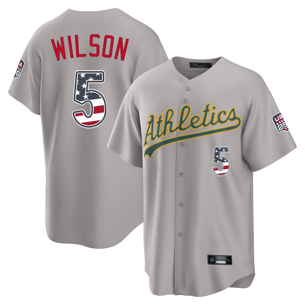 Oakland Athletics #5 Jacob Wilson Player Gray USA 250 Fourth of July Home Game Stitched Baseball Jersey