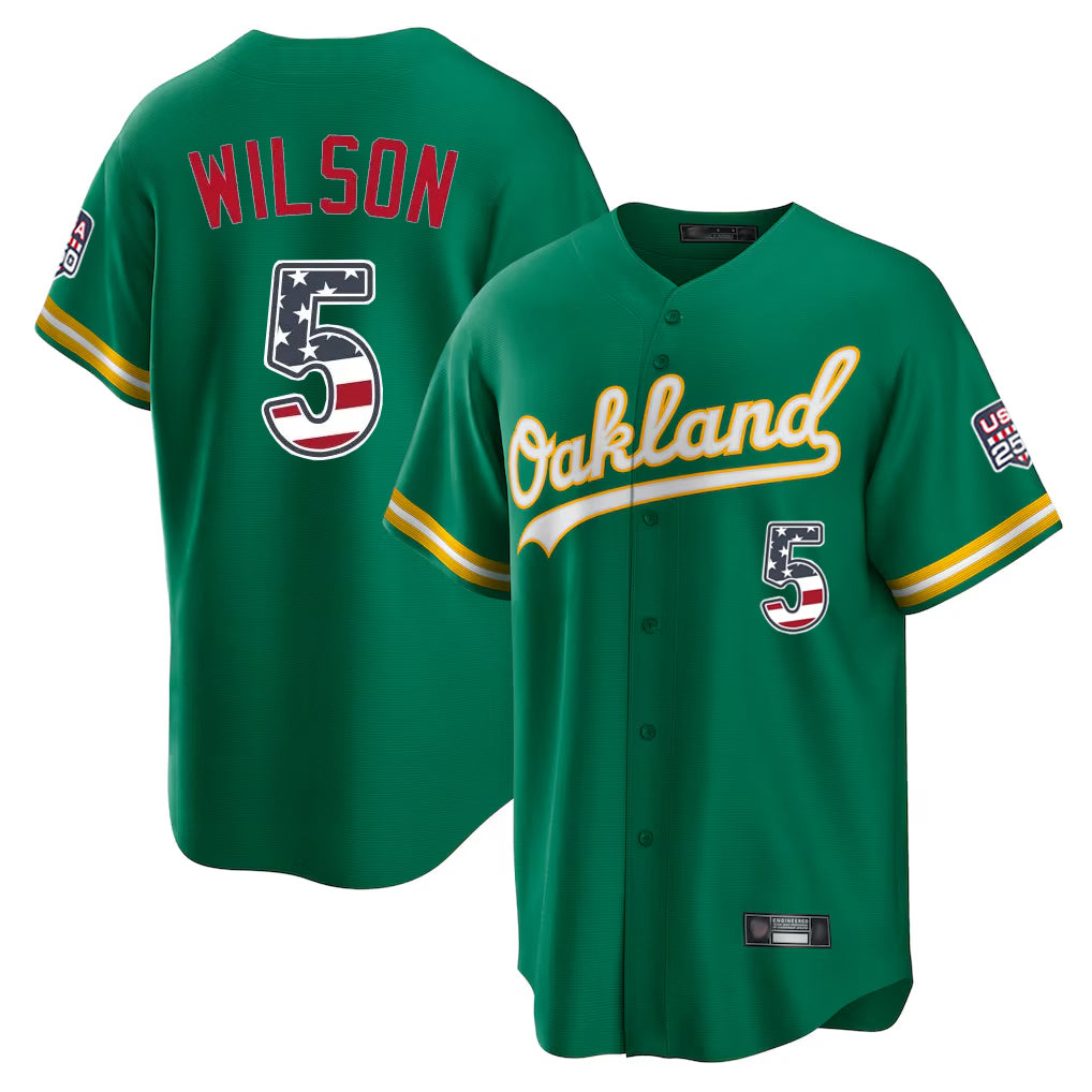 Oakland Athletics #5 Jacob Wilson Player Kelly Green USA 250 Fourth of July Home Game Stitched Baseball Jersey