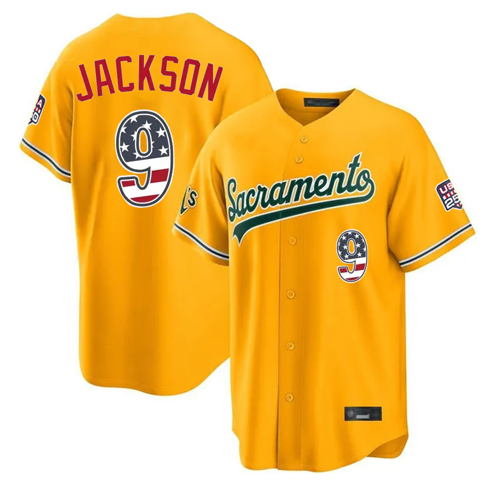 Oakland Athletics #9 Reggie Jackson Player Gold USA 250 Fourth of July Home Game Stitched Baseball Jersey