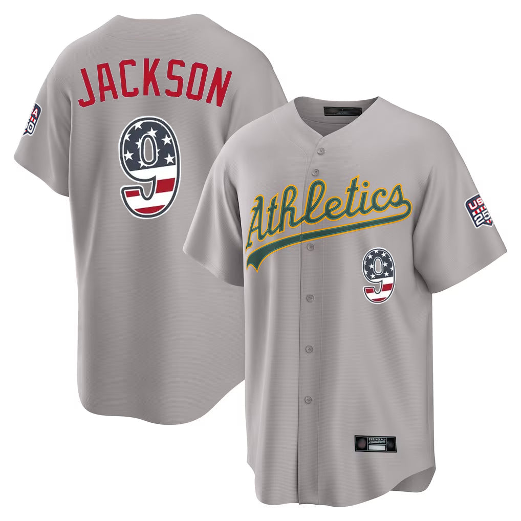 Oakland Athletics #9 Reggie Jackson Player Gray USA 250 Fourth of July Home Game Stitched Baseball Jersey