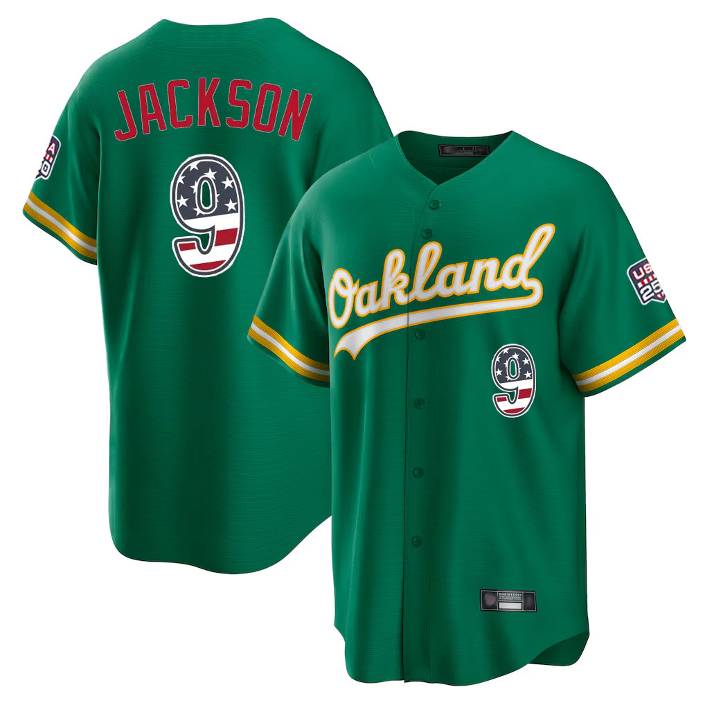 Oakland Athletics #9 Reggie Jackson Player Kelly Green USA 250 Fourth of July Home Game Stitched Baseball Jersey