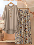 Plus Size, Spring/Summer New Arrival: Women's 2pcs Set Featuring a Stylish Solid Color Irregular Hem Top with Printed Long Pants