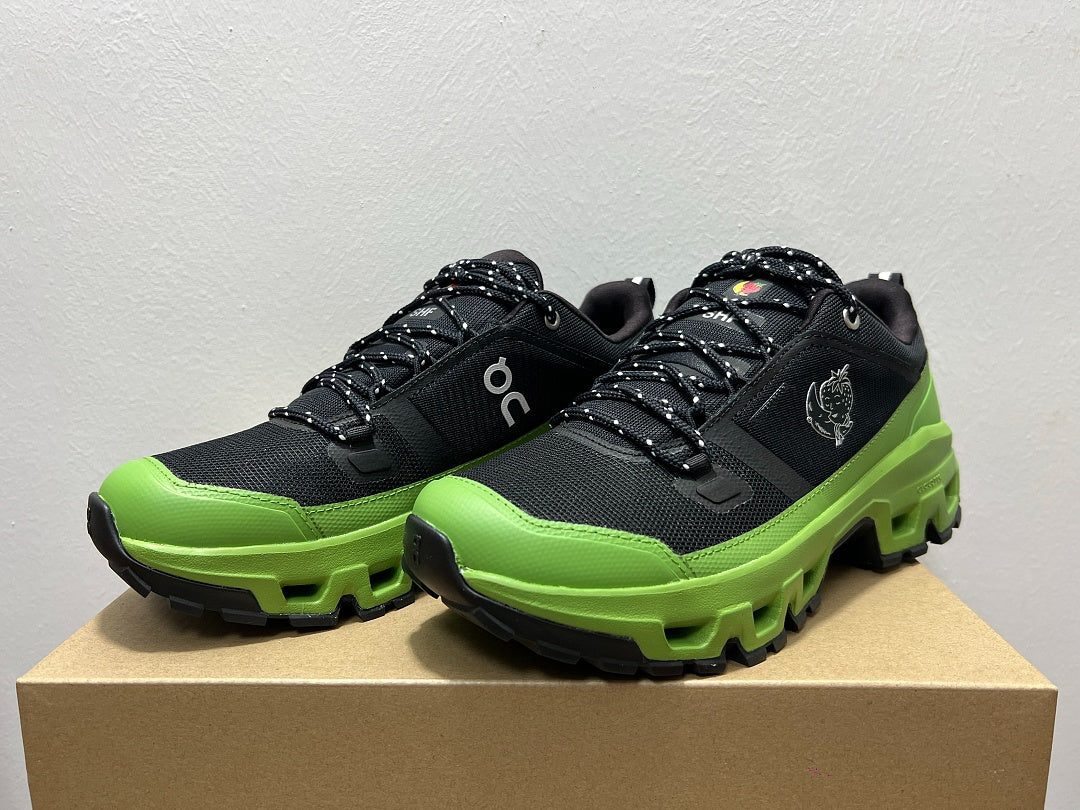 On Cloudrock Low Waterproof Hiking Shoes in Black / Green (Special Edition)