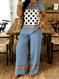 A 2pcs Women's Summer Casual Suit Featuring a Small V-neck Short Sleeves Paired with Casual Long Pants.