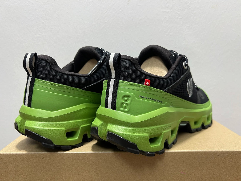 On Cloudrock Low Waterproof Hiking Shoes in Black / Green (Special Edition)