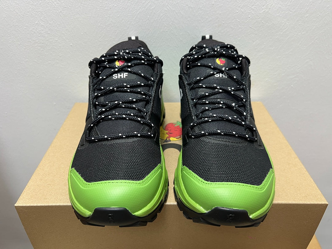 On Cloudrock Low Waterproof Hiking Shoes in Black / Green (Special Edition)