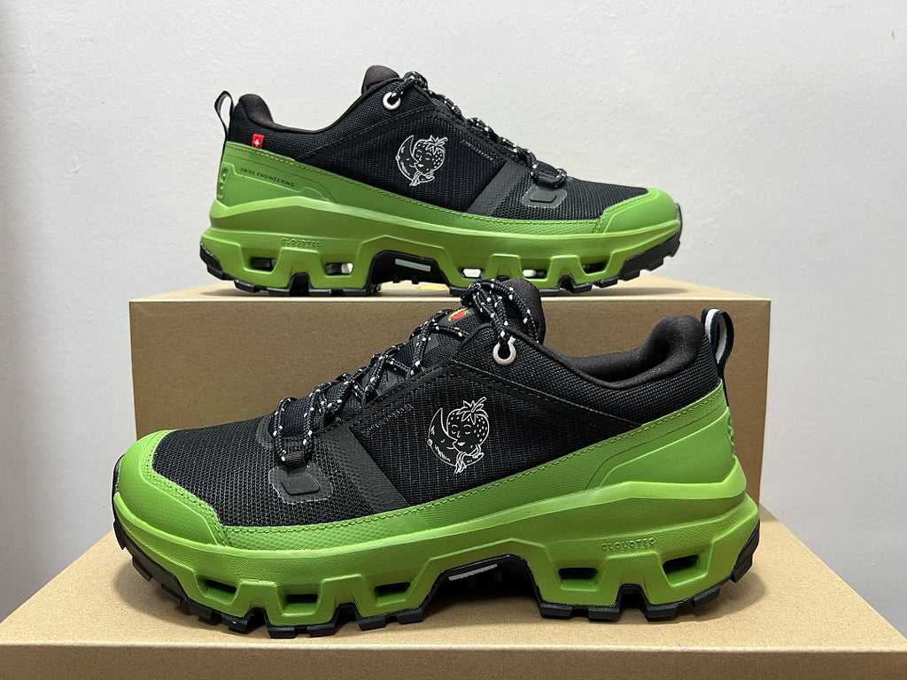 On Cloudrock Low Waterproof Hiking Shoes in Black / Green (Special Edition)