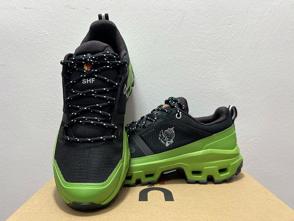 On Cloudrock Low Waterproof Hiking Shoes in Black / Green (Special Edition)