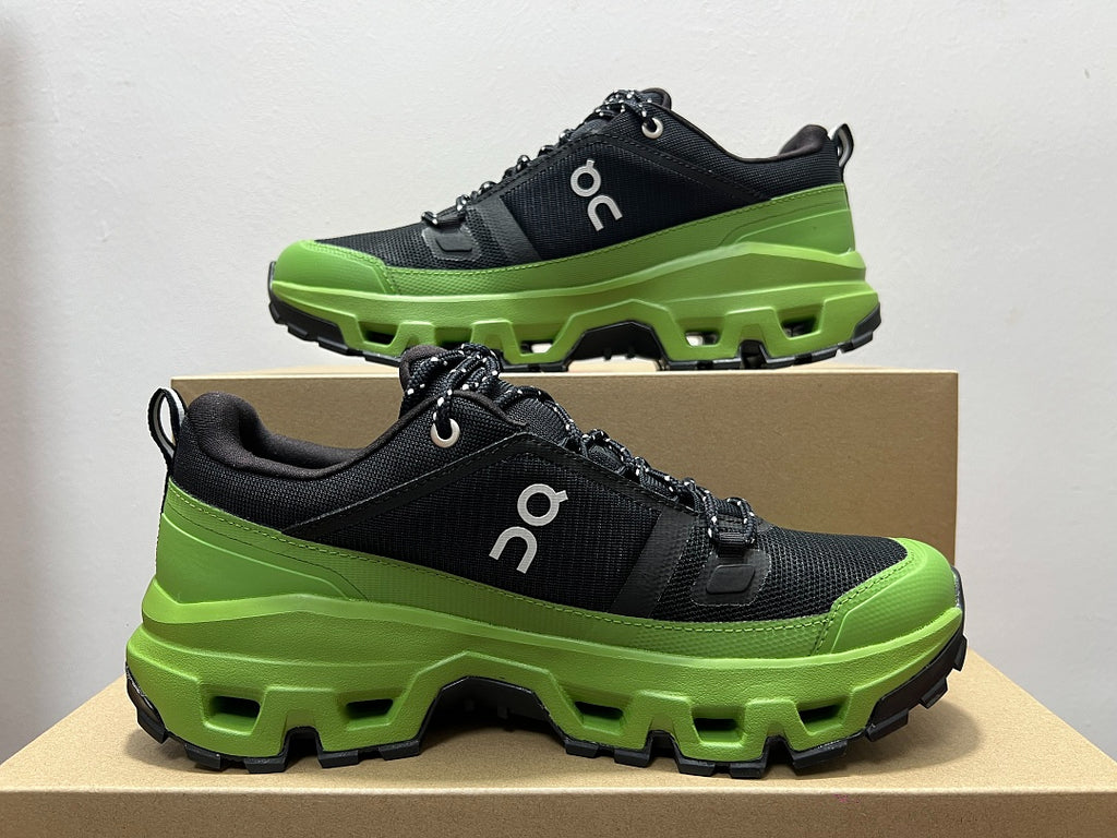 On Cloudrock Low Waterproof Hiking Shoes in Black / Green (Special Edition)