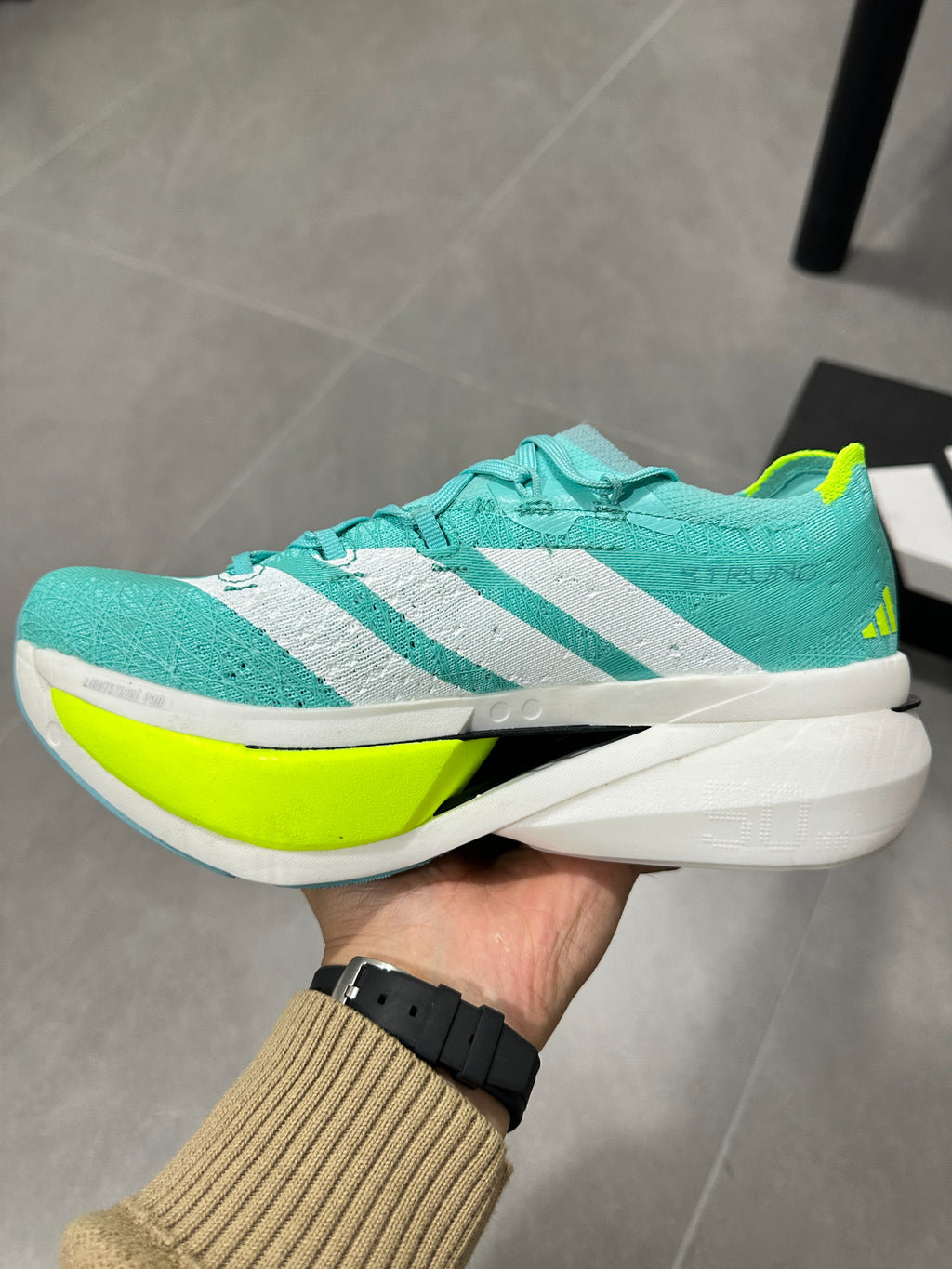 Adidas ADIZERO ADIOS PRO 4 (Turquoise / White / Volt colorway)