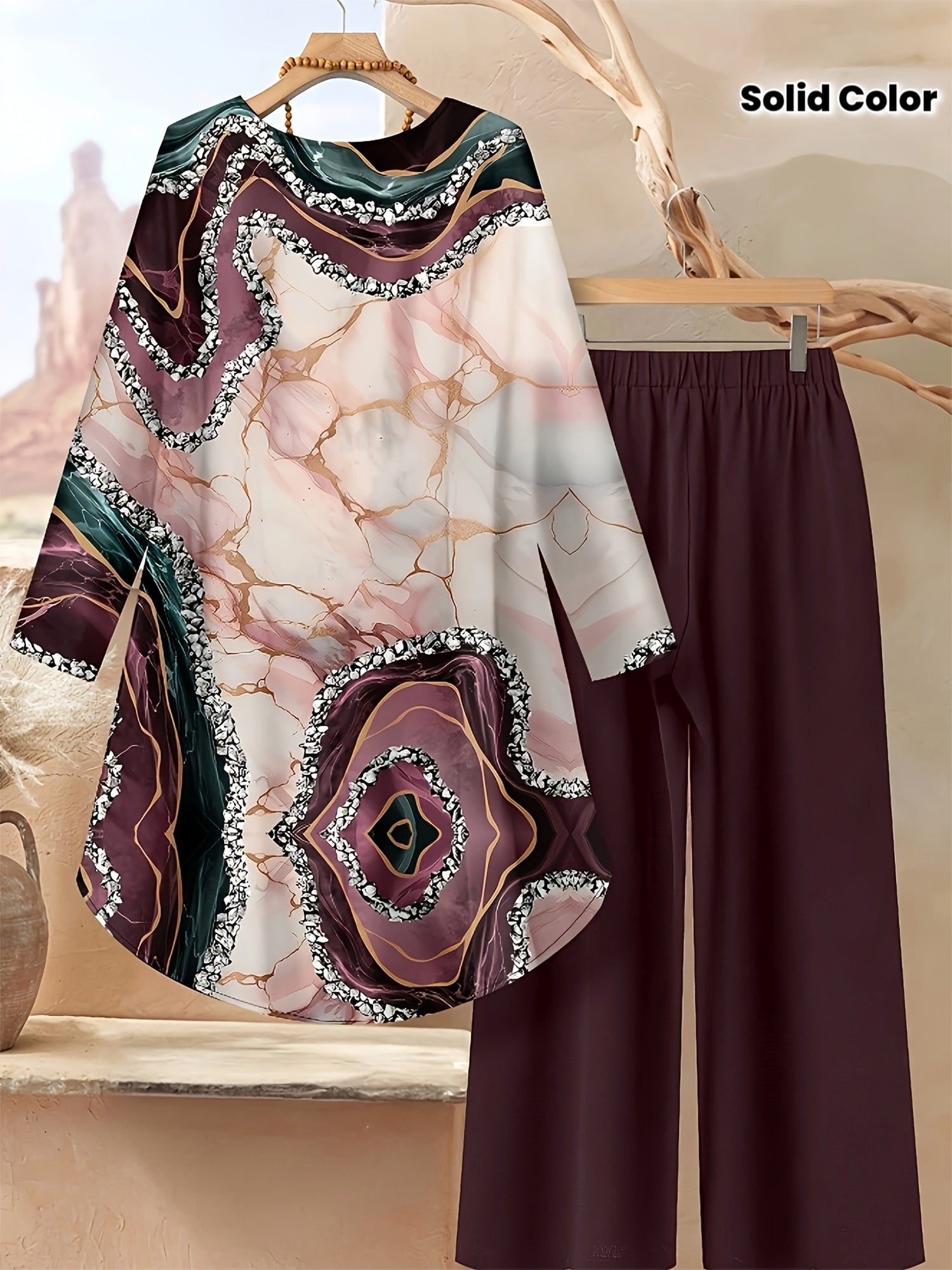 Jiawen Is Developing Trendy New Styles for Women'S Clothing in Europe And America, Featuring a Popular Round-Neck Printed Long-Sleeve Shirt with a High-Low Hem And Solid Color Long Pants Set