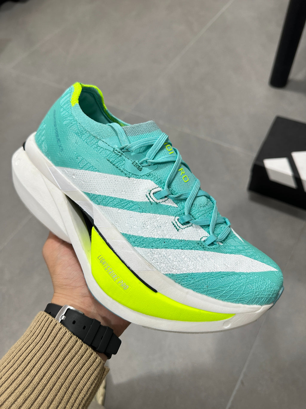 Adidas ADIZERO ADIOS PRO 4 (Turquoise / White / Volt colorway)