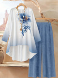 2pcs Set, Women'S Watercolor Floral Print Loose Round Neck Long Sleeve Top And Pants Outfit, Summer Fall