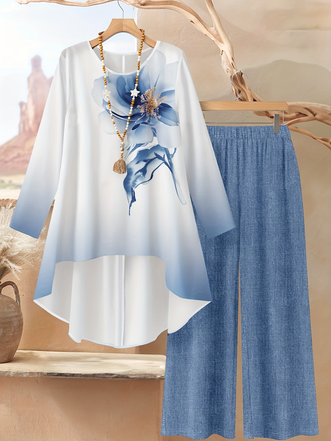 2pcs Set, Women'S Watercolor Floral Print Loose Round Neck Long Sleeve Top And Pants Outfit, Summer Fall