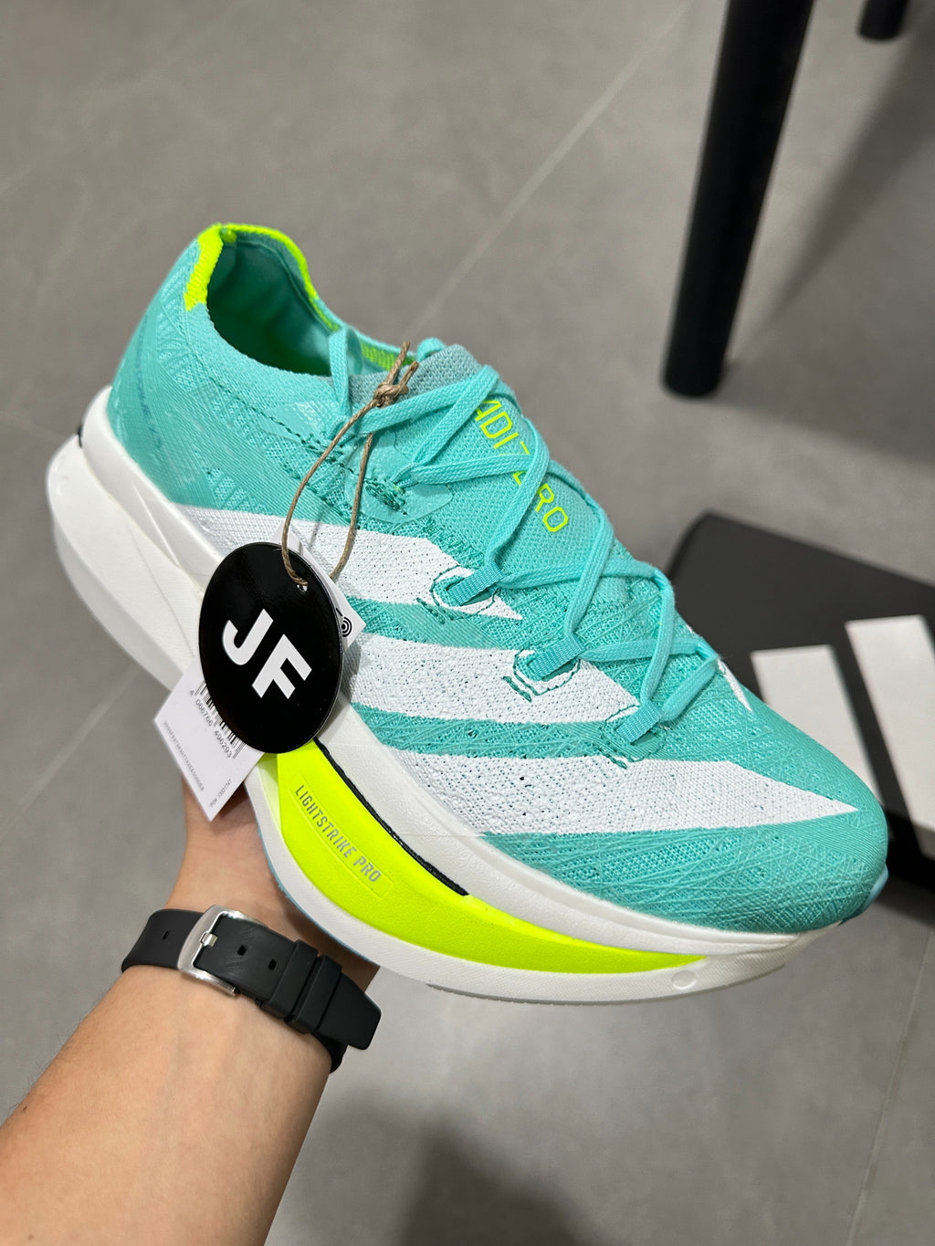 Adidas ADIZERO ADIOS PRO 4 (Turquoise / White / Volt colorway)