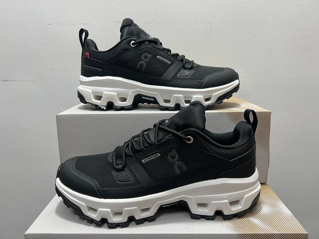 On Cloudrock Low Waterproof Hiking Shoes in Black / White