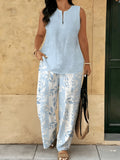 Plus Size Women'S Summer Full-Print Set: Sleeveless Loose Top And Straight-Leg Pants, Creating an Elegant Casual Outfit with a Style, Lightweight, Breathable, And Comfortable