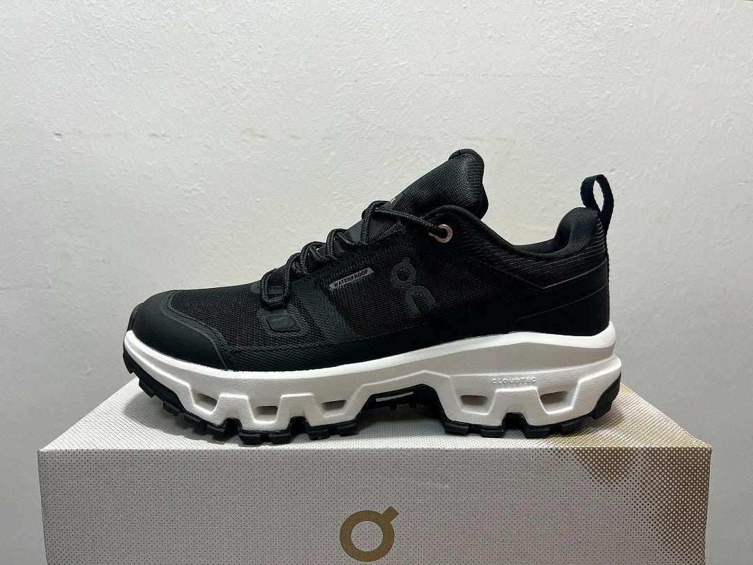On Cloudrock Low Waterproof Hiking Shoes in Black / White