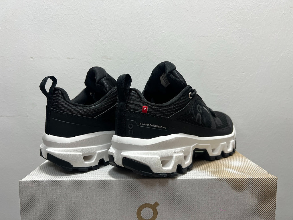 On Cloudrock Low Waterproof Hiking Shoes in Black / White