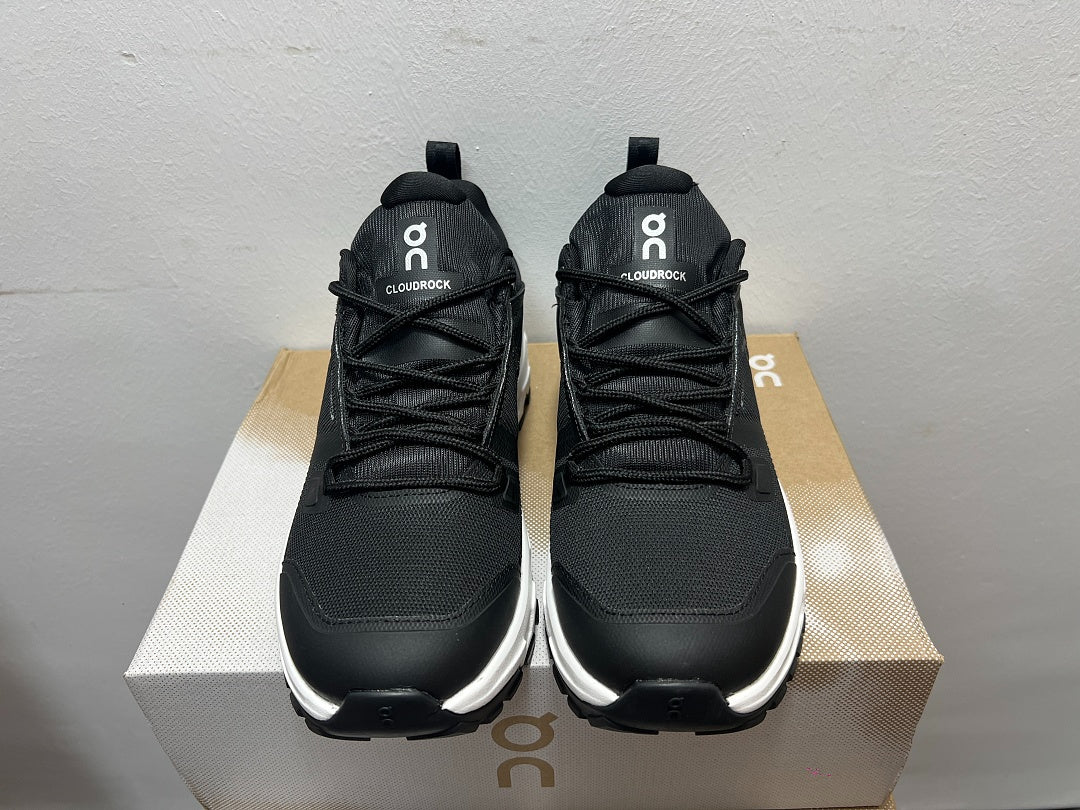 On Cloudrock Low Waterproof Hiking Shoes in Black / White