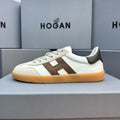 HOGAN White Beige & Brown Leather Gum Sole Retro Casual Sneakers