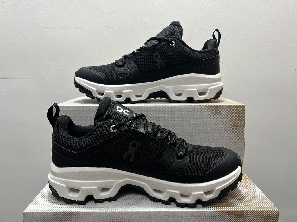 On Cloudrock Low Waterproof Hiking Shoes in Black / White