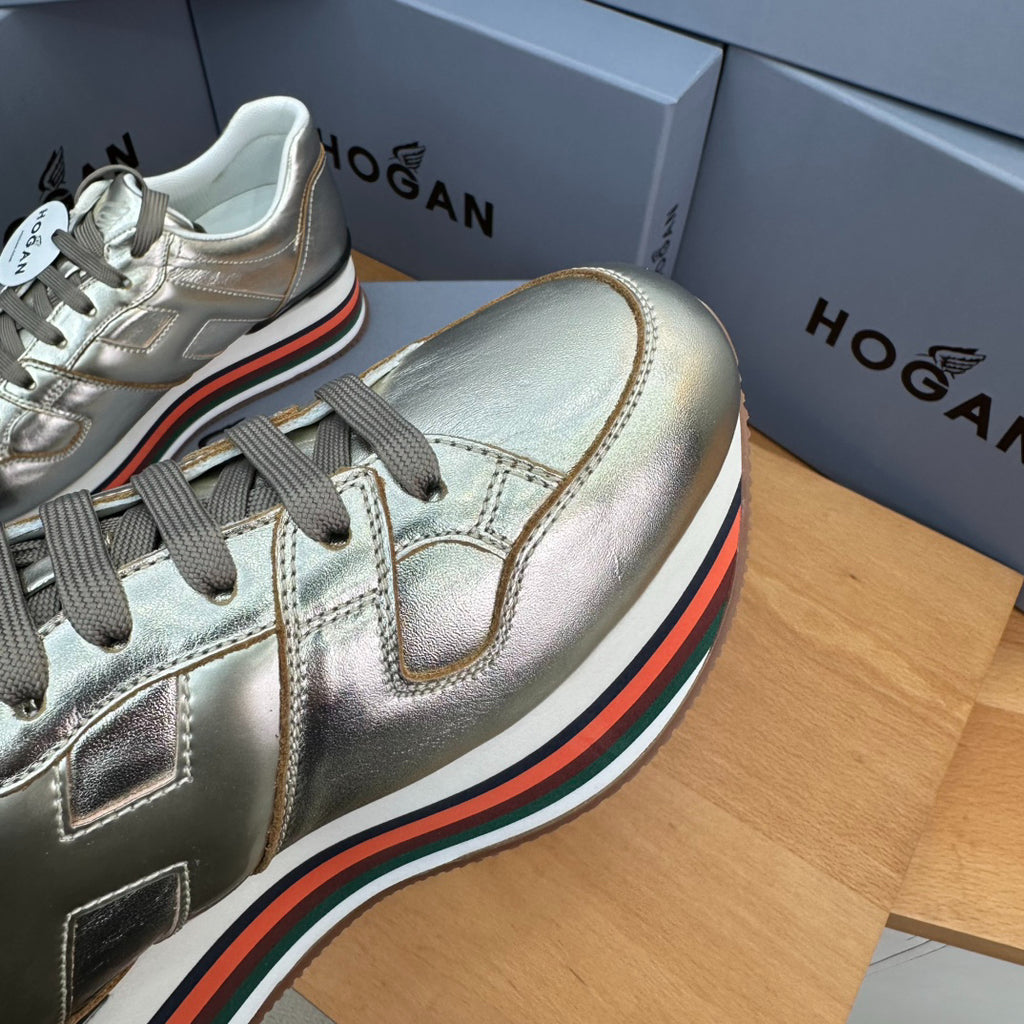 Hogan Women's Metallic Gold Rainbow Striped Platform Sneakers, Leather Lace-Up Wedge Casual Shoes, Celebrity Inspired Height Increasing Loafers