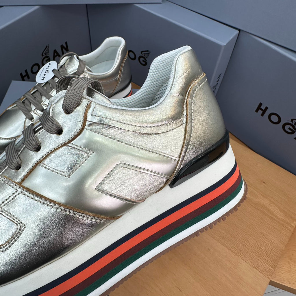 Hogan Women's Metallic Gold Rainbow Striped Platform Sneakers, Leather Lace-Up Wedge Casual Shoes, Celebrity Inspired Height Increasing Loafers