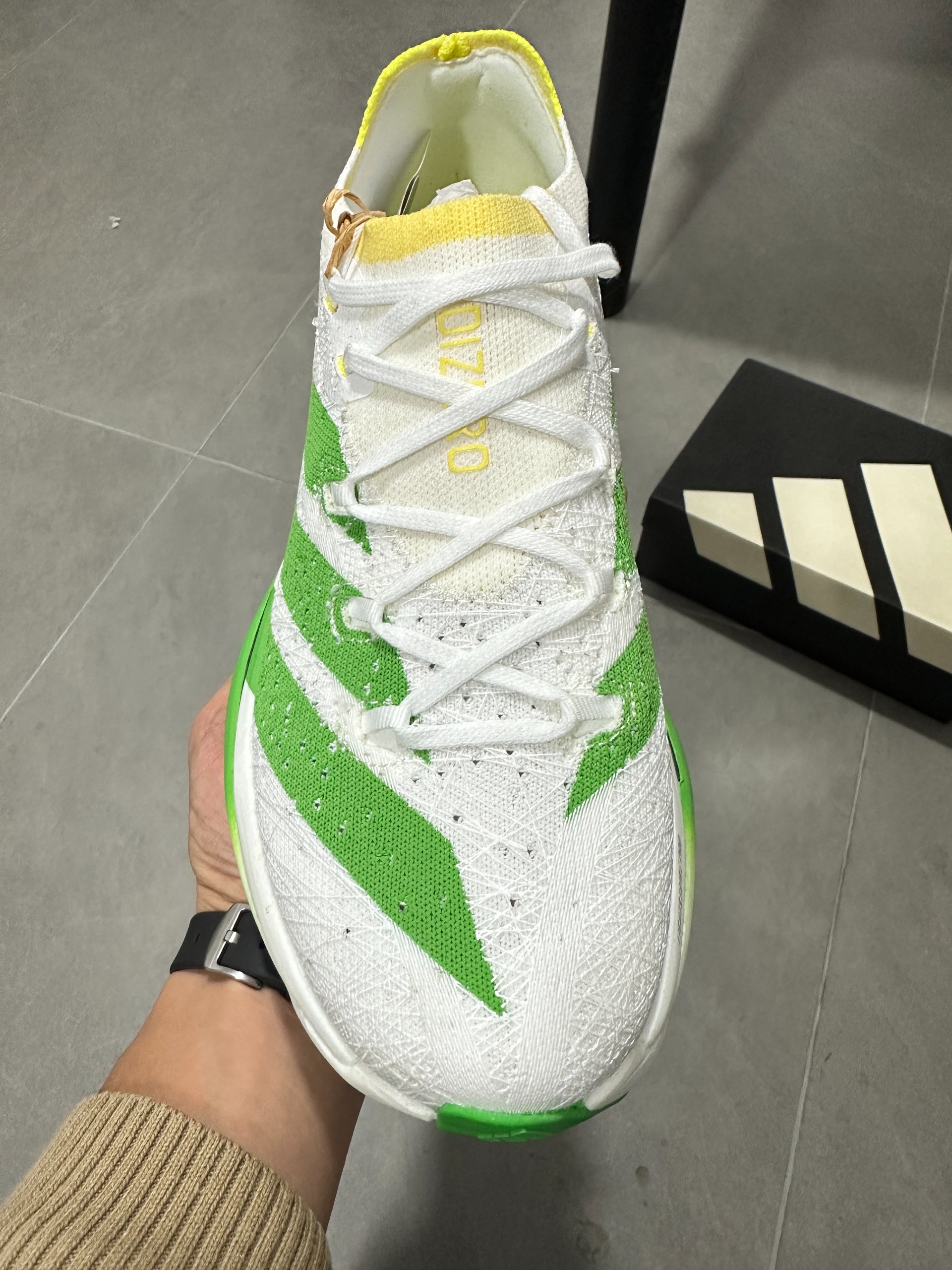 Adidas ADIZERO ADIOS PRO 4 (Cloud White / Green / Yellow colorway)