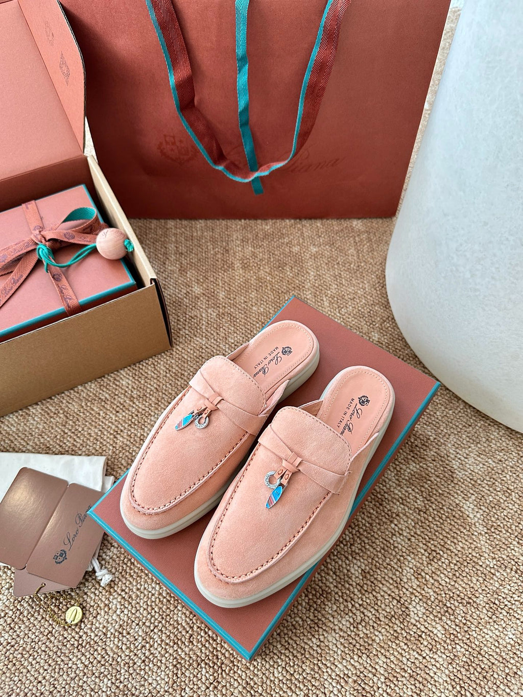 Loro Piana Summer Charms Walk Suede Mules - Peach Pink