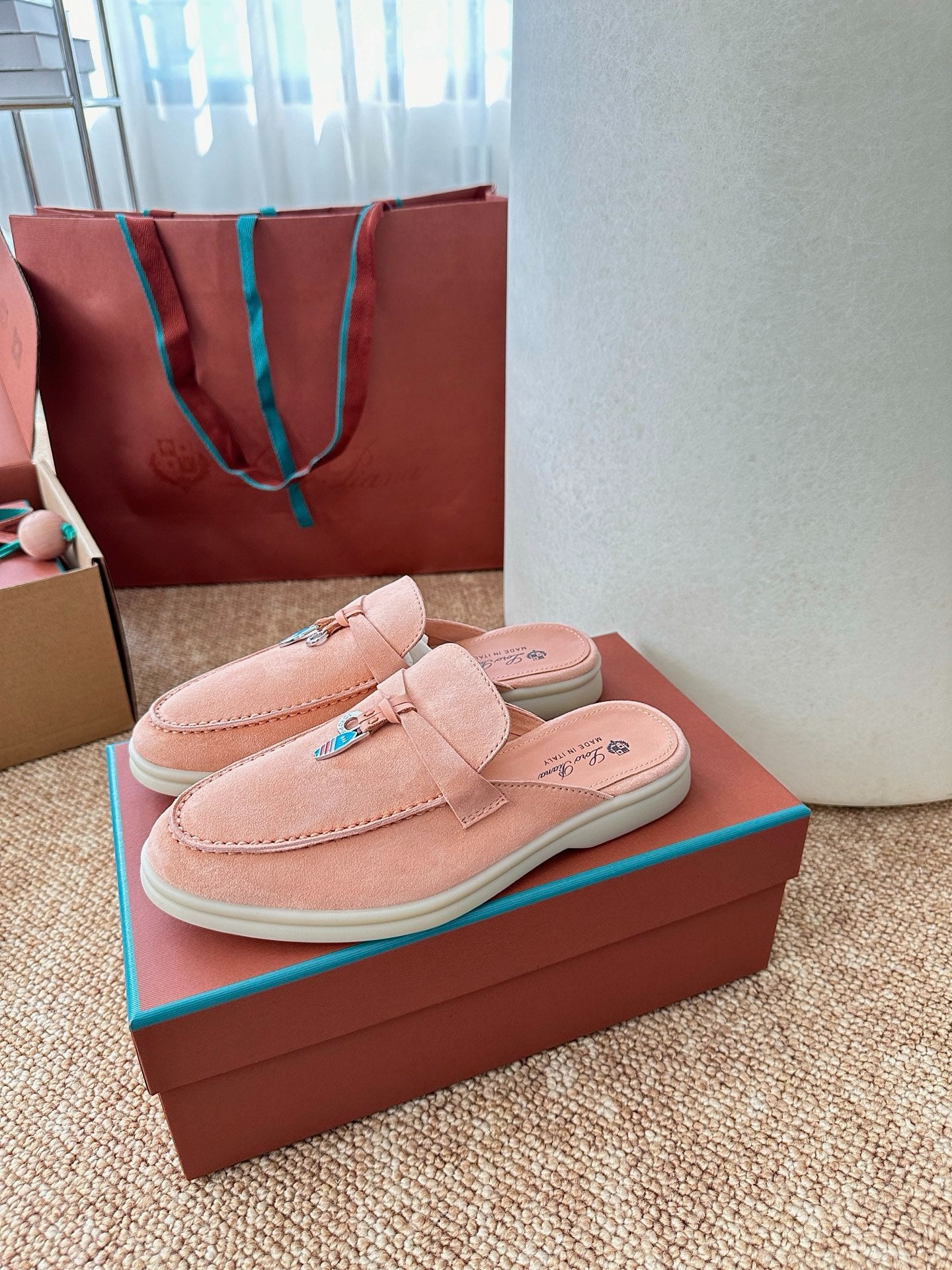 Loro Piana Summer Charms Walk Suede Mules - Peach Pink
