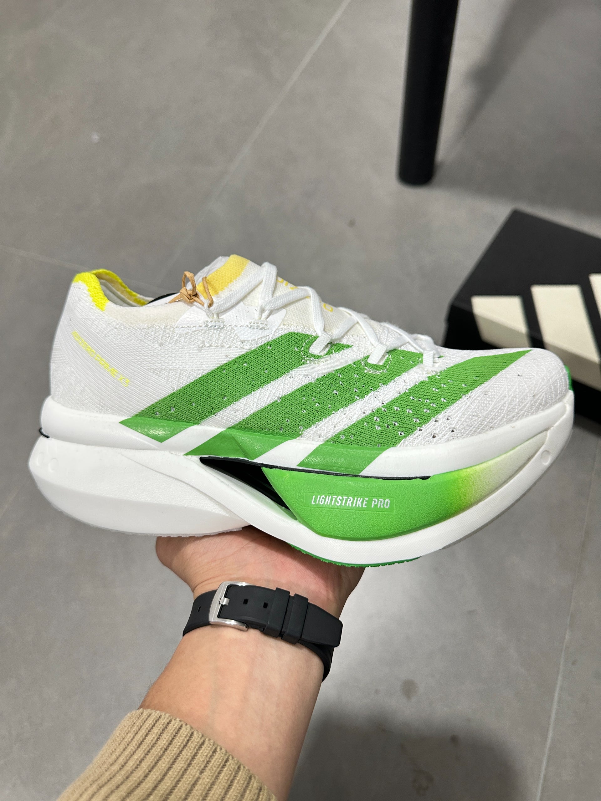 Adidas ADIZERO ADIOS PRO 4 (Cloud White / Green / Yellow colorway)
